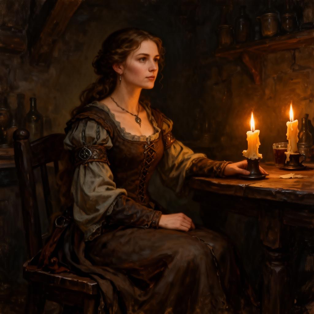 Mulher medieval em taverna sombria